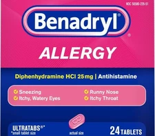 Benadryl Allergy Diphenhydramine 25mg ULTRATABS 24ct Exp 11/26