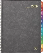 Monthly Planner Jan -Dec 2026 Leather Cover 2026 Monthly Planner 9"x11", Grey