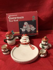 Vintage New In Box Tea Set Christmas Miniature Snowman Ceramic 7 Pieces
