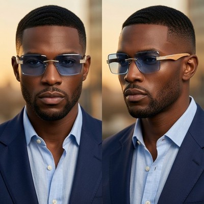 Rimless Sunglasses Wood Grain Frame Rhinestone Accents Blue Lens Men Hip Hop New