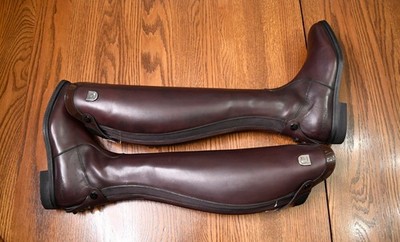 Tucci, New, custom tall dress boots, patent top, brown, 37 ~USA 7 SLIM