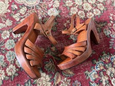Vintage 70s Wood Platform Sandals High Heel Cognac Brown Leather 9 Fits 7.5-8