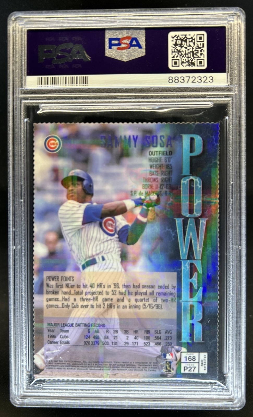 1997 Topps Finest Sammy Sosa Embossed Refractor #168 Cubs PSA 9 view 2