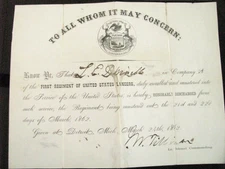 CIVIL WAR MICHIGAN FIRST US LANCERS DISCHARGE 1862