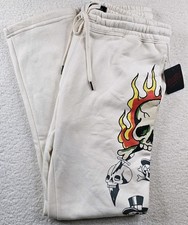 Ed Hardy Mens Small Ivory White Fleece Sweats Flaming Skull Joggers