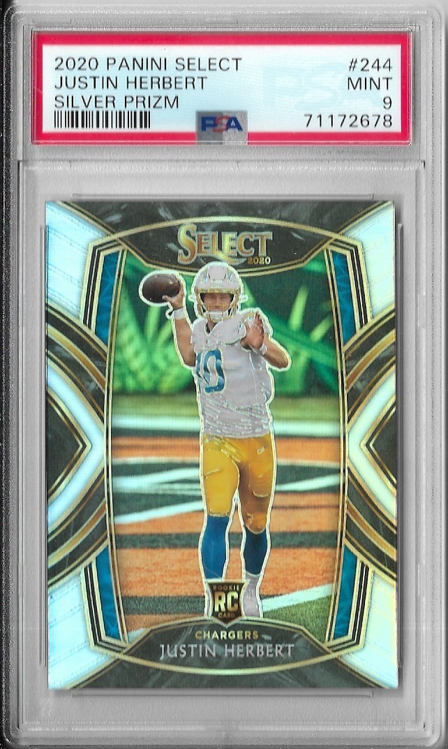 PSA 9 Mint 2020 Select Silver Prizm Club Level JUSTIN HERBERT Rookie RC #244