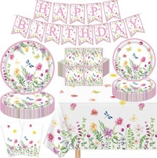 123 Pack Spring Flower Party Supplies Floral Paper Plates Banner, Tablecloth, N