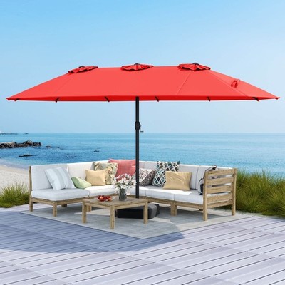 15FT Double-Sided Twin Patio Umbrella Sun Shade Outdoor Crank Market Base Red