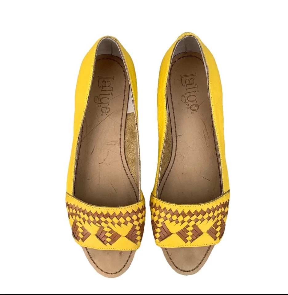 Latigo “Mabel” Amarillo y Tostado Tejido Cuero Estilo Occidental BOHO Planos Talla 9M Foto 4 de 4