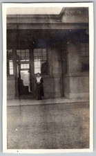 Vtg B&W Snapshot Woman In Dark Dress White Collar Hat Building Entrance 1920s