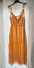 Shein Mustard Yellow & White Striped Sundress w Spaghetti Tie Straps V Neck Midi