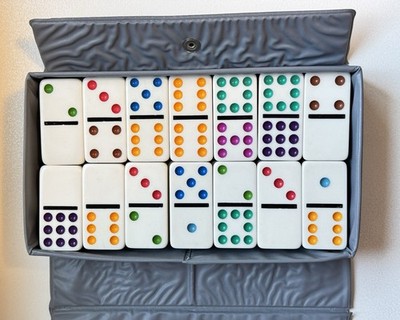 VINTAGE DOUBLE NINE DOMINOES By CARDINAL Gray Vinyl Case 55 + 1 Color Dot Tiles