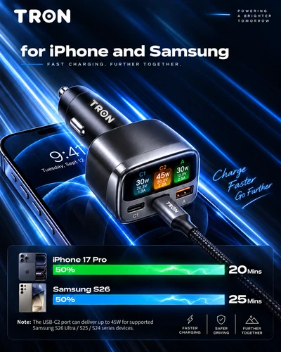TRON 105W 3-Port Car Charger with Smart TFT Display, USB-C & USB-A Fast Charging image 10