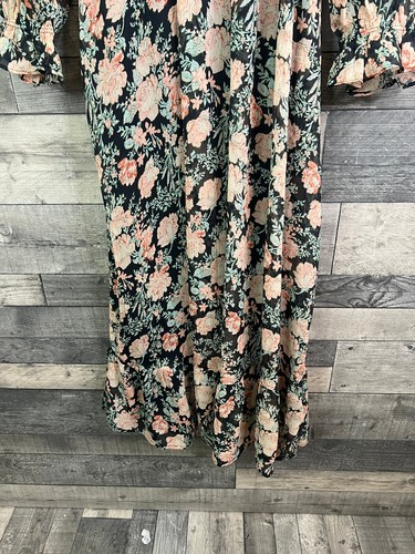 Mango MNG Midi Dress Size UK 12 Black Peach Floral Chiffon Ruffle Long Sleeves - Picture 6 of 12
