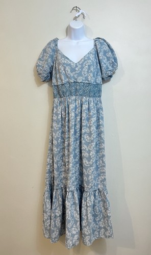 Bohme Blue Floral Botanical Print Maxi Dress Tiered Bohemian Flowy Sie XL