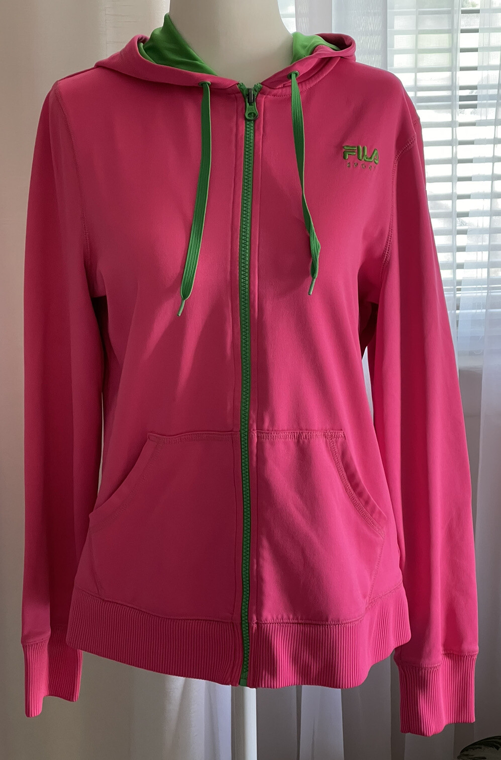 Felpa con cappuccio FILA sportiva taglia Med rosa brillante e verde con cerniera atletica casual palestra