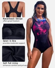 Attraco Swimming Swimsuit Racerback Size M UK12 Black Purple Geom Slimming