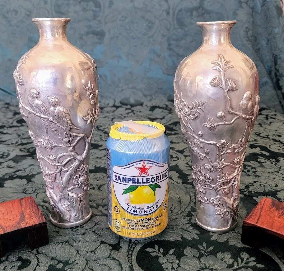 Antique Tibetan Silver washed 3-D Flower Vase Pair Display Well w-Stands - Image 2 of 4