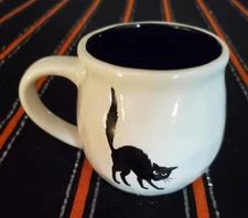 Happy Halloween Cat Mug Potter's Studio White texture  Black insides 4 inches 
