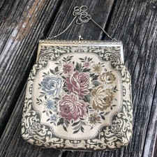 Floral Tapestry Purse Handbag Bag Embroidery Pink Green Gold Chain Vtg 50s 60s