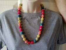 Vintage 1970's Retro Chunky Boho 24" Wood Barrel Disc Bead Necklace