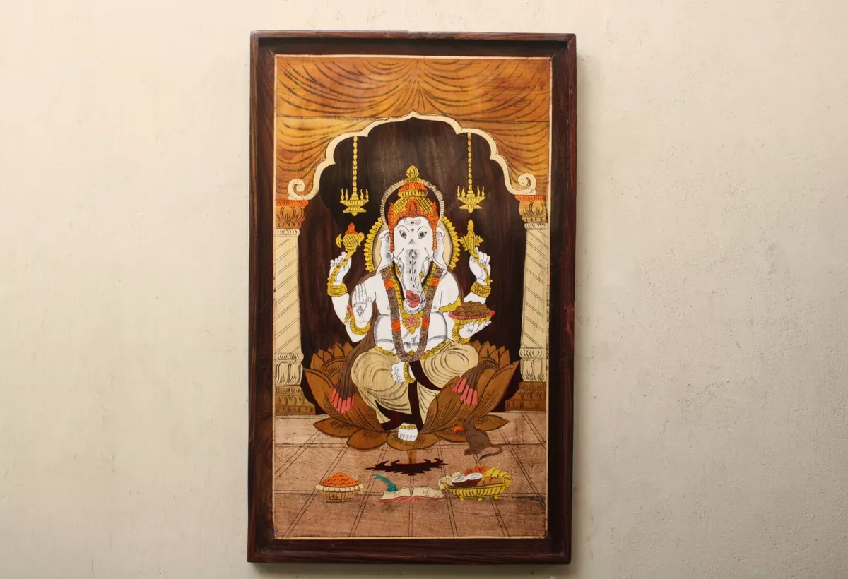 Ganesha Painting Big Wood Inlay Wall Hanging Panel Ganesh Hindu Home Decor  Gift | eBay