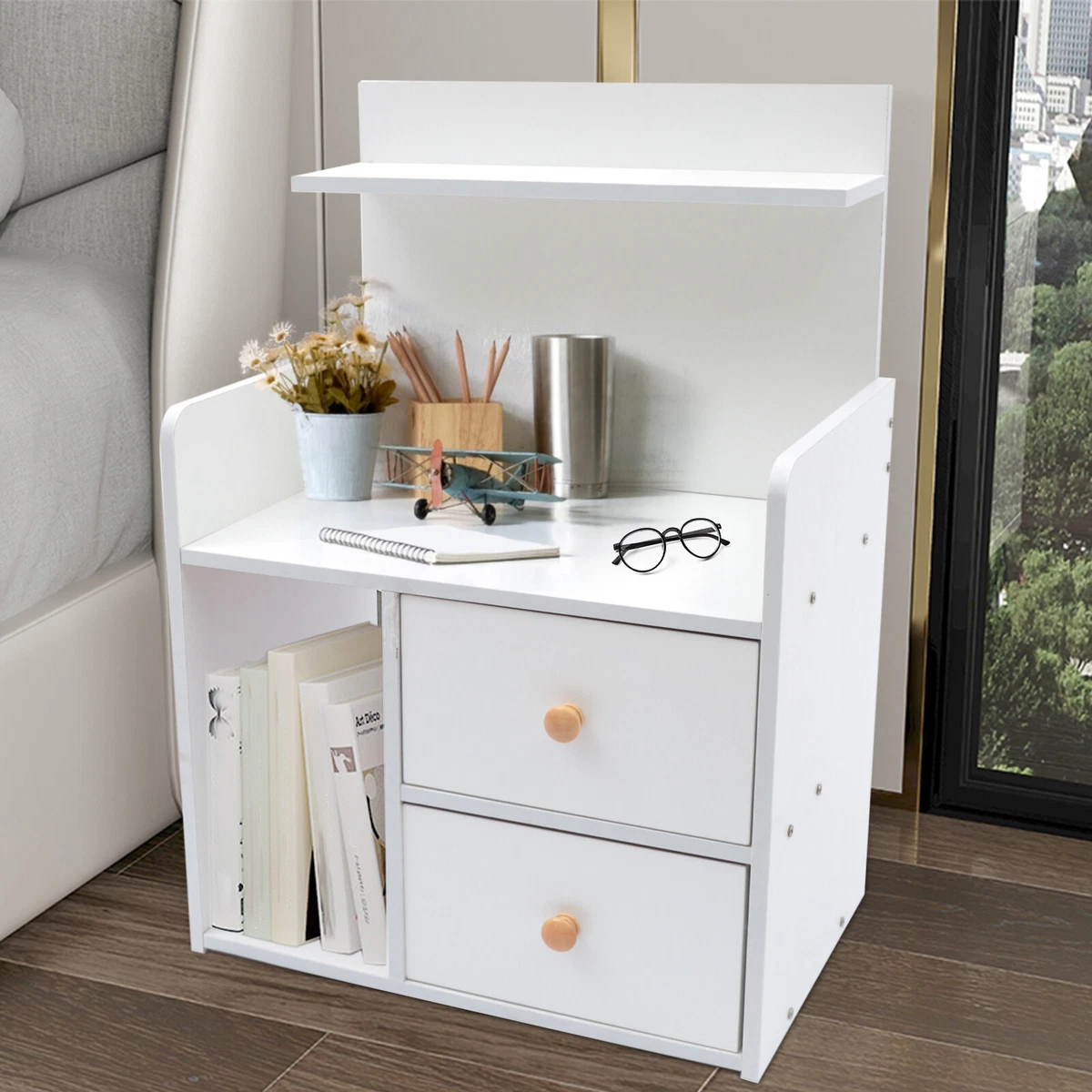 2 Drawers Cabinet Side Table Wood End Table Nightstand Books File