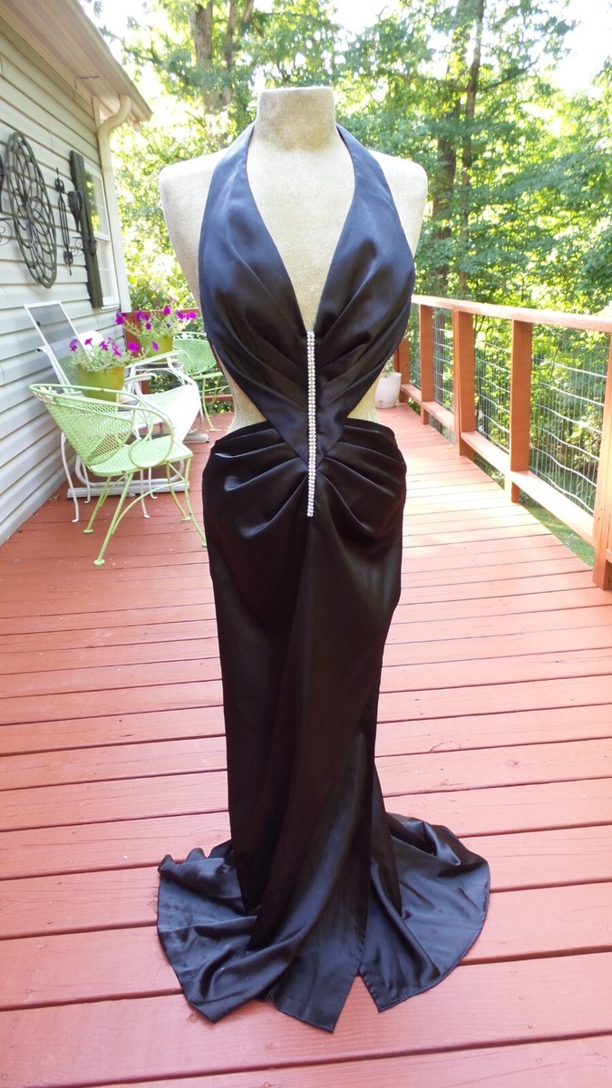 Vintage CINDERELLA - Black Satin w/ Rhinestone Holiday Formal Evening Dress  L