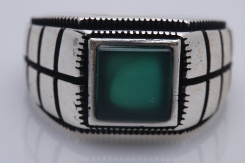 Turkish Style Handmade Jewelry Square Dark Emerald 925 Sterling Silver Men's Rin - Picture 3 of 9