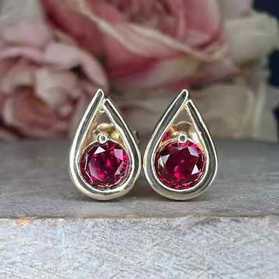 2 Ct Round Cut Lab Created Ruby Teardrop Stud Earrings In 14K Yellow Gold Plated