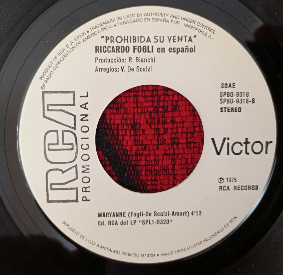 RICCARDO FOGLI *Que Me Importa Comprender / Maryanne* 1976 Spain PROMO 7" Single - Image 4 of 4