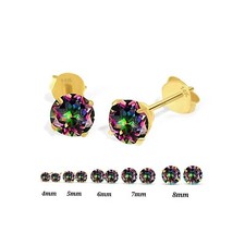 14K Solid Yellow Gold Rainbow Mystic Topaz Round Stud Earrings Push Backing