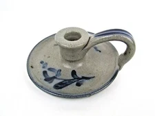 Rowe Pottery Salt Glazed Stoneware Chamberstick w/ Finger Hole Marked Rowe 1995