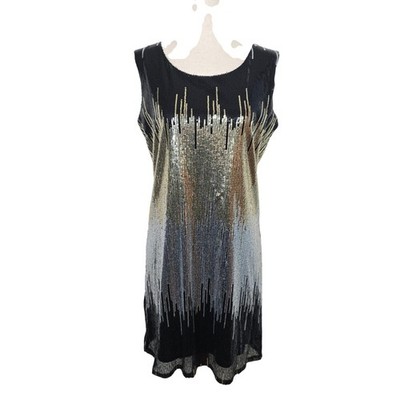 Emmelee Womens Sequin Shift Dress Black Gold Silver Ombre Sleeveless Mini Med