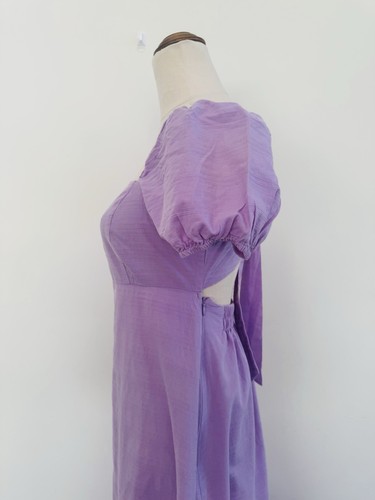 Princess Highway Cotton Midi Dress Size 8 Lilac Purple Puff Sleeve Tie Back - Picture 6 of 13