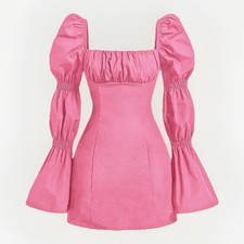 SHEIN MOD Square Neck Flare Sleeve Ruched Bust Dress XS-2 bubblegum Barbiecore