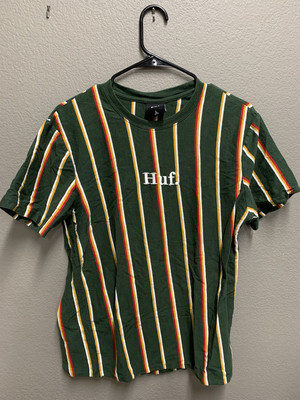 Huf Worldwide T Shirt Men's Sz Large L Green Striped Short Sleeve Cotton Tee