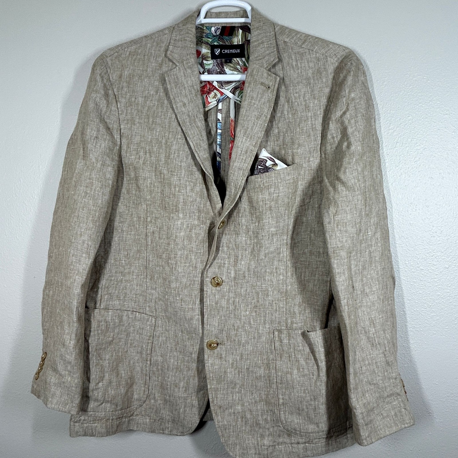 Cremieux Sport Coat Mens L 38 Beige Linen Lightweight Summer Jacket Floral Lined