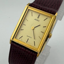 VTG ADEC Quartz Watch Men Gold Tone Rectangle Leather Japan Analog New Battery