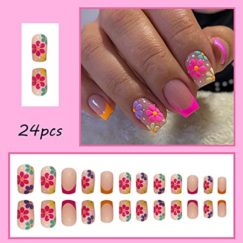 24PCS Square Press on Nails Medium Flower False Nails with Designs Nude Pink - Picture 2 of 6