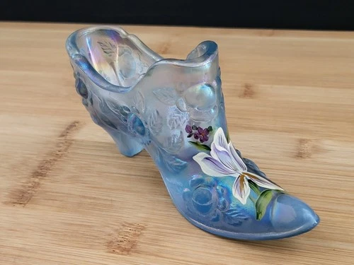 Fenton Blue Iridescent Art Glass Slipper Shoe Hand Painted Iris Flower Floral