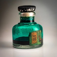 Antique Clear Glass Fountain Pen Green Ink Bottle Cork Stopper Part Label 1oz