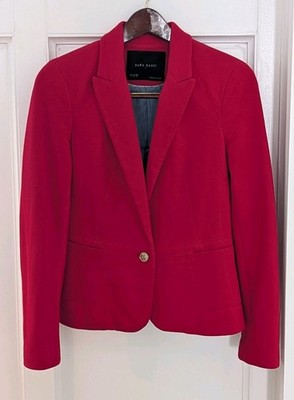 Zara Basic Red 100% Cotton Single Button Cropped Blazer Woman's Medium Classic