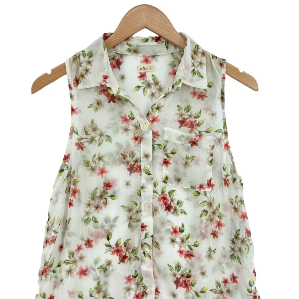 Camiseta sin mangas Hollister con botones para mujer pequeña blanca floral de gasa sin mangas bolsillo Foto 4 de 4