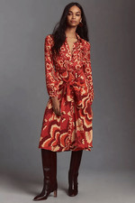 Farm Rio Long-Sleeve V-Neck Floral Midi Shirt Dress women's size medium