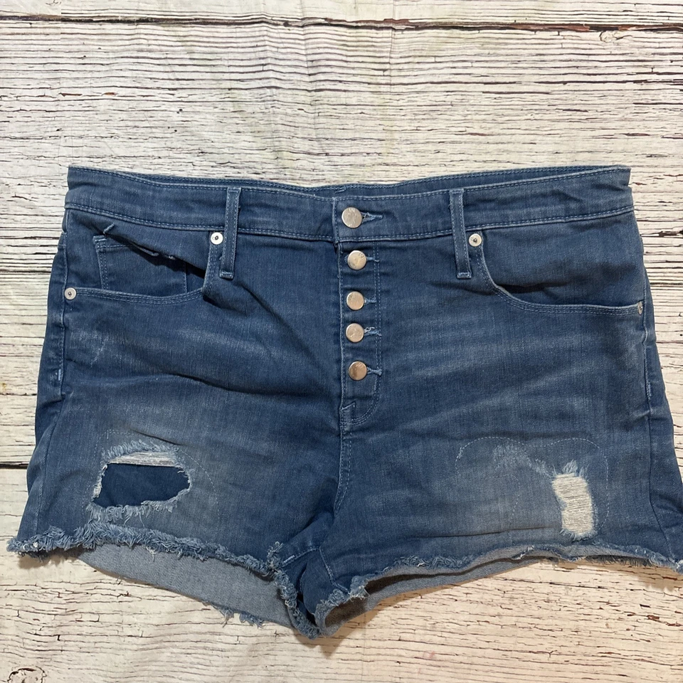 Pantalones cortos de mezclilla Mossimo para mujer talla 16 tiro alto botón deshilachado elástico eléctrico Foto 2 de 4