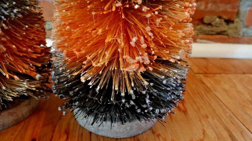 Set of 2 Halloween Bottle Brush Trees Orange Black Glitter 10” & 8” Spooky Decor - Image 2 of 4