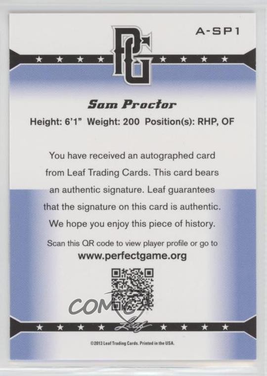 2013 Leaf Perfect Game Showcase Sam Proctor #A-SP1 Auto 0af view 2