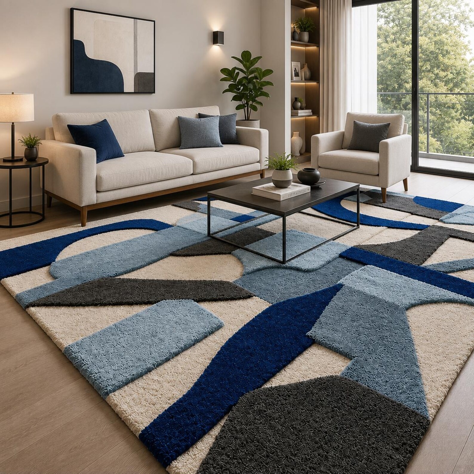 Modern Abstract Hand Tufted New Zealand Wool Rug, Blue Geometric Area Rug Carpet