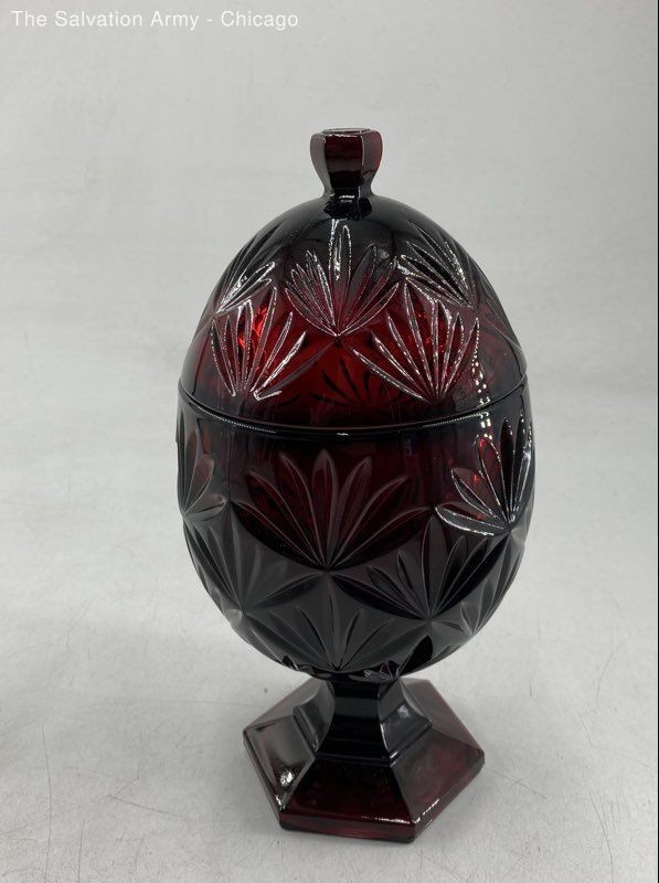 Red Pressed Glass Oval Shape Decorative Pedestal Candy Dish With Lid